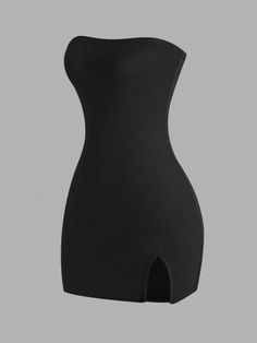 Black strapless bodycon mini dress with a side slit