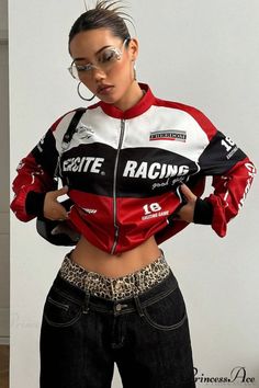Woman in a racing jacket and low-rise jeans with a leopard print waistband