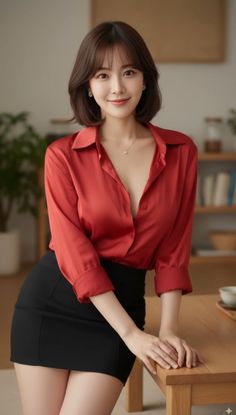 Woman in a red blouse and black skirt leaning on a table indoors