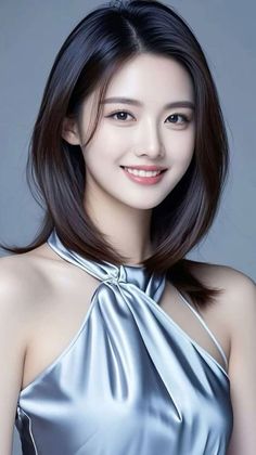 Woman with dark hair wearing a silver halter top in a studio setting