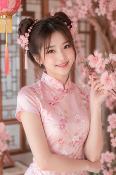 Woman in a pink cheongsam with cherry blossom hair ornaments and flowers