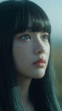 Realistic portrait of a woman with black hair and blue eyes looking up