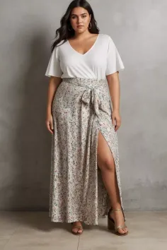 Woman in a white top and floral wrap skirt with a high slit