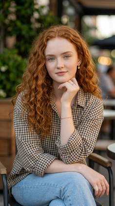 Young woman with red curly hair wearing a plaid shirt and blue jeans outdoors