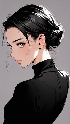 Woman with black hair in a bun wearing a black turtleneck, looking over her shoulder