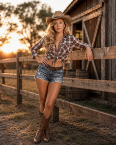 Woman in a cowboy hat and denim shorts leaning on a fence at golden hour