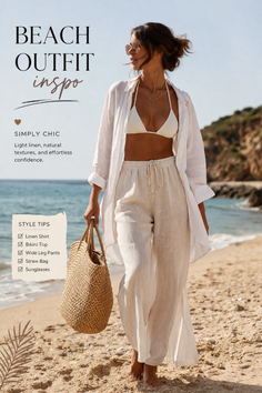 Woman in a bikini top, linen shirt, and wide leg pants walking on a beach