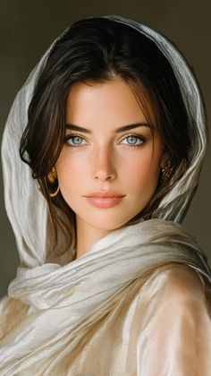 Woman with blue eyes and dark hair wearing a light headscarf and gold earrings
