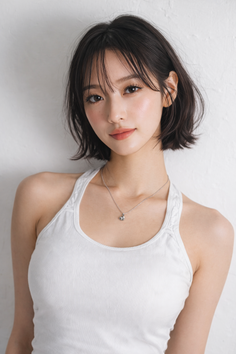 Woman with short dark hair wearing a white tank top and silver necklace