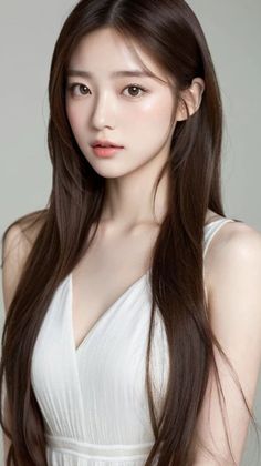 Woman with long brown hair wearing a white v-neck dress