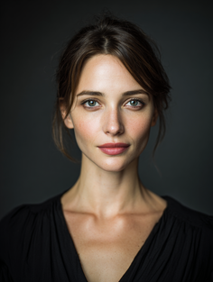 Woman with brown hair and green eyes wearing a black top, looking directly at the camera
