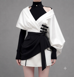 A 3D render of a person in a black and white fashion outfit with buckles