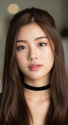 Woman with long brown hair and a black choker looking directly at the viewer