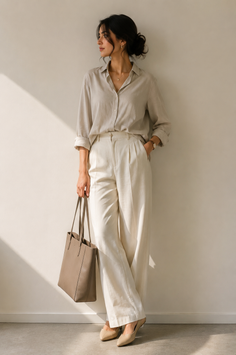 Woman in a light-colored shirt and wide-leg pants holding a tote bag
