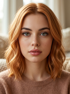 Woman with red wavy hair and green eyes wearing a brown sweater
