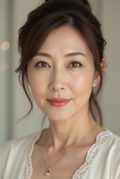 Woman with brown hair in an updo wearing a white top with lace trim