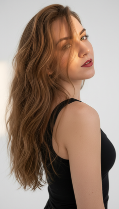 Woman with long hair and red lipstick in a black top, looking over her shoulder