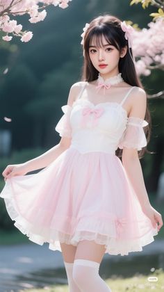 Woman in a pink and white dress with cherry blossoms in the background