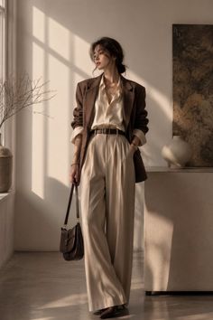 Woman in a brown blazer and wide leg pants holding a shoulder bag indoors