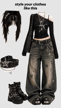 Gothic style outfit with wide leg jeans and platform boots