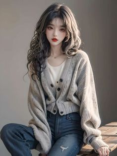 Woman with long wavy hair wearing a cardigan and jeans, sitting indoors