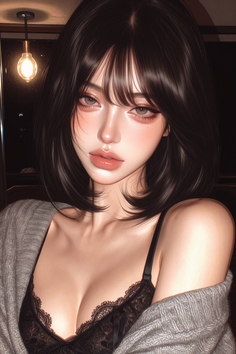 Woman with black hair wearing black lingerie and a grey cardigan
