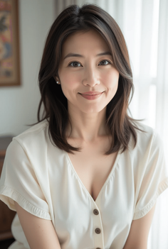 Woman with medium brown hair wearing a white shirt with cleavage