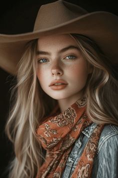 Woman with long blonde hair, freckles, and blue eyes wearing a cowboy hat and bandana