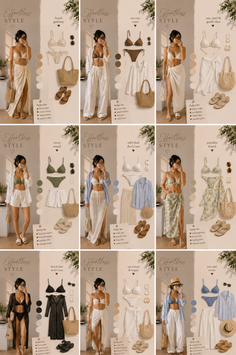 Nine women posing in various beach outfits with accessories and color palettes