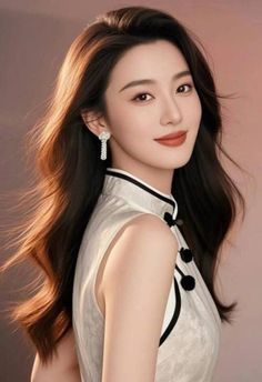 Woman with long hair wearing a white cheongsam and earrings, looking over her shoulder