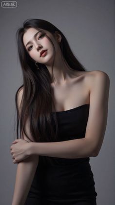 Woman with long black hair wearing a strapless top in a studio setting