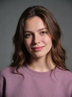 Young woman with long brown hair and green eyes wearing a pink sweatshirt