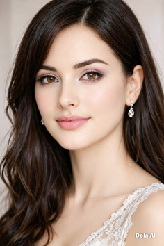 Woman with long brown hair and pink makeup wearing a lace top and earrings