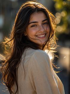 Woman with long hair smiling at golden hour with backlight