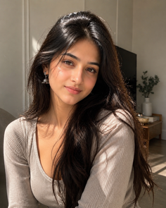 Woman with long dark hair and silver earrings in soft indoor lighting