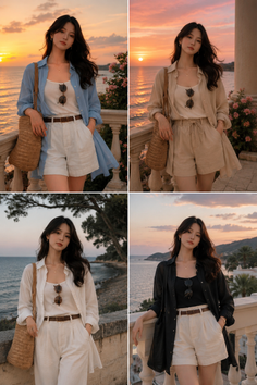 Woman in shorts and a loose shirt on a balcony overlooking the ocean at sunset