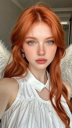 Woman with red hair and blue eyes wearing a white top and angel wings