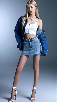 Woman with blonde hair in a denim jacket and skirt with a white crop top