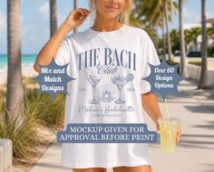 Woman in a white t-shirt with a beach background and palm trees