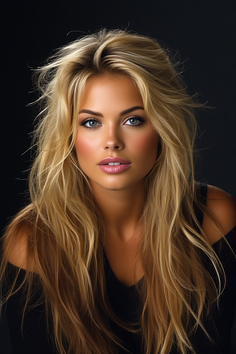 Woman with long blonde hair and blue eyes wearing an off-shoulder top