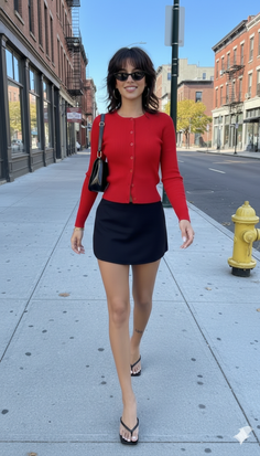 Woman in a red cardigan and black mini skirt walking on a city street