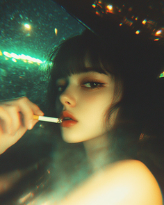 Woman with dark hair and bangs holding a cigarette in a dark, dramatic setting