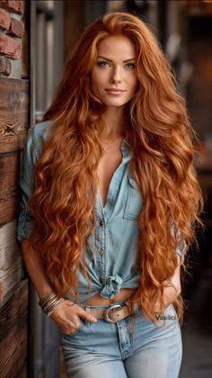 Woman with long red hair wearing a tied denim shirt and jeans