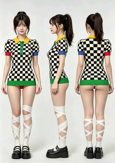 Woman in a checkered top and red underwear with strappy socks, shown in multiple views