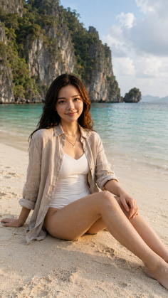 Woman in a white swimsuit and open shirt sitting on a sandy beach