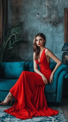 Woman in a red dress sitting on a teal couch in a dimly lit room