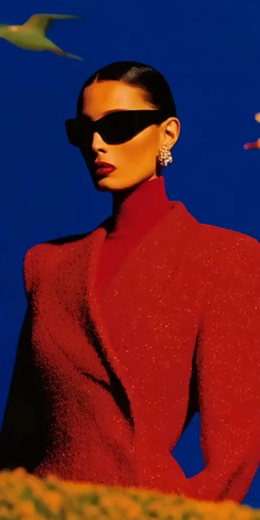 Woman in a red jacket and sunglasses against a vibrant blue background