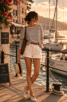 Woman in a striped shirt and white shorts standing on a dock at golden hour