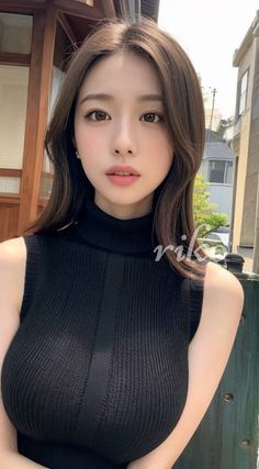 Woman with long brown hair wearing a black turtleneck top outdoors