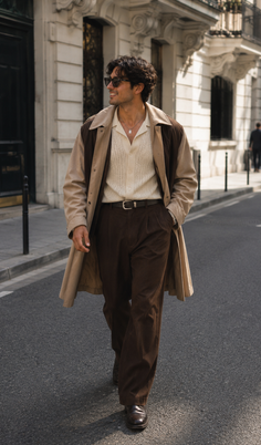 Man in a trench coat and sunglasses walking on a street